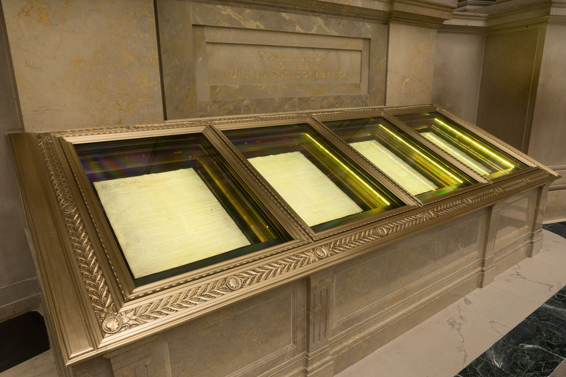 A page of the US Constitution in its titanium encasement